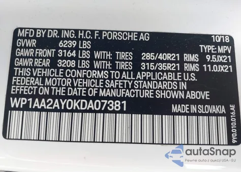 2019 Porsche Cayenne z USA, uszkodzony, nr VIN WP1AA2AY0KDA07381